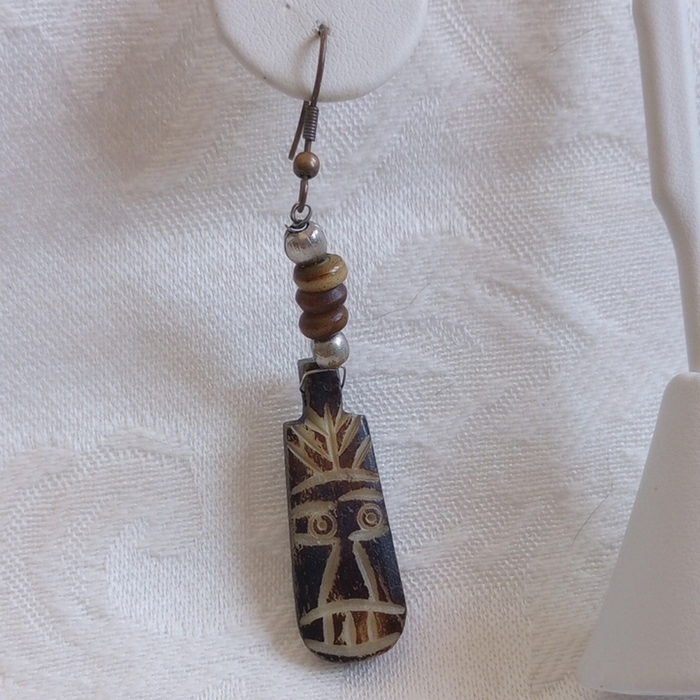 Afrohemian Carved Brown Mask Tribal Dangle 2.5in Earrings